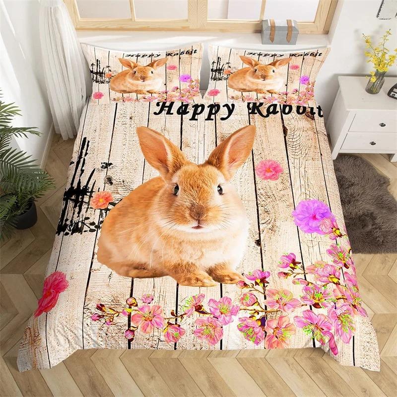 Kawaii Animals Duvet Cover Cute Rabbit Bedding Set Rustic Wooden Comforter Cover Microfiber Floral Bedclothes Queen For Girl Boy