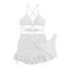 3Pcs/Set Women Swimsuit Solid Color Wave Texture Sexy Split Bikini with Drawstring Ruffle Trim Skirt Lace-up Beachwear