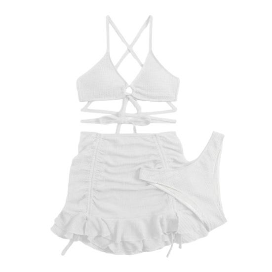 3Pcs/Set Women Swimsuit Solid Color Wave Texture Sexy Split Bikini with Drawstring Ruffle Trim Skirt Lace-up Beachwear