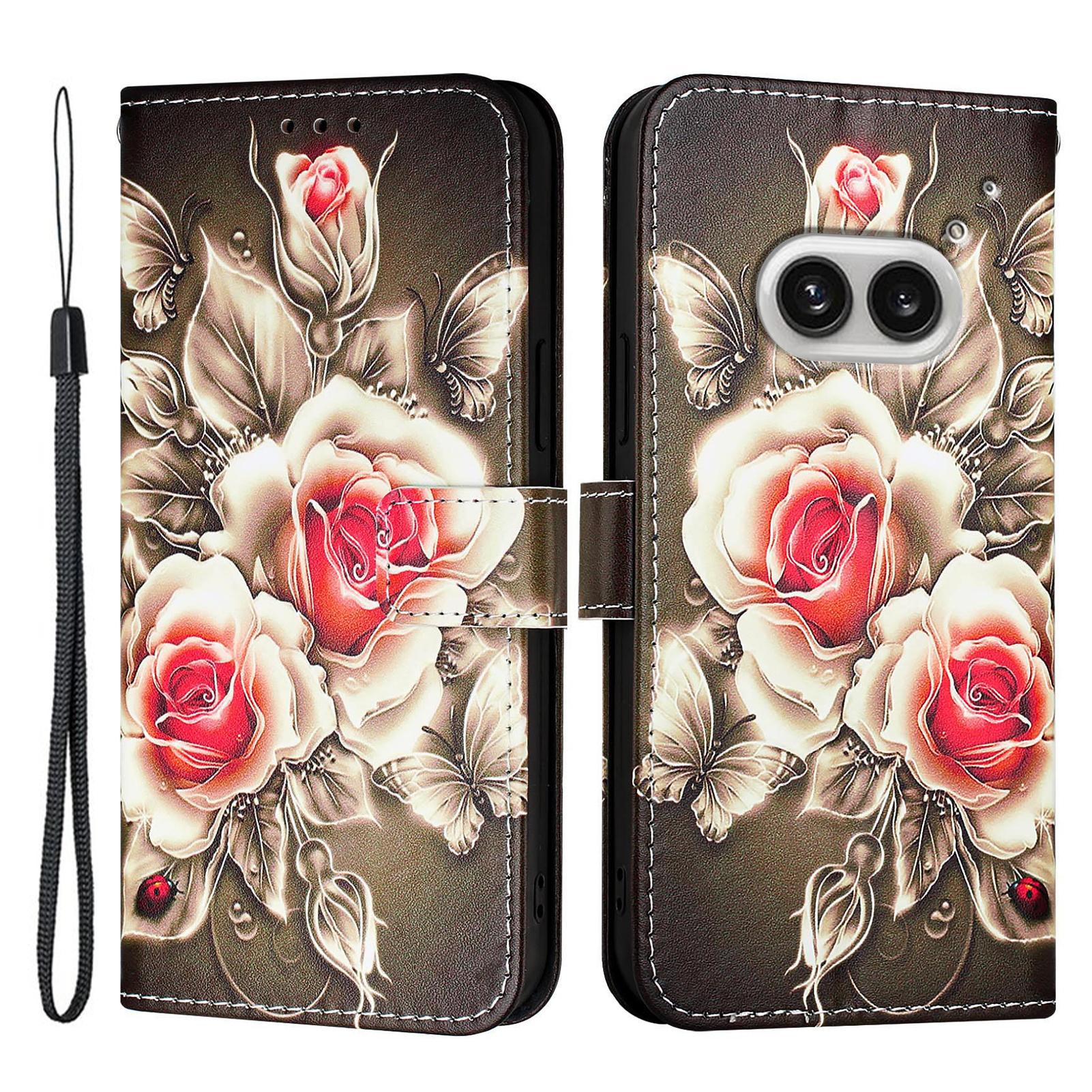 

For Nothing Phone (2a) Plus/Phone (2a) Leather Case with Strap and Card Holder Pattern Printing Phone Stand Cover Rose
