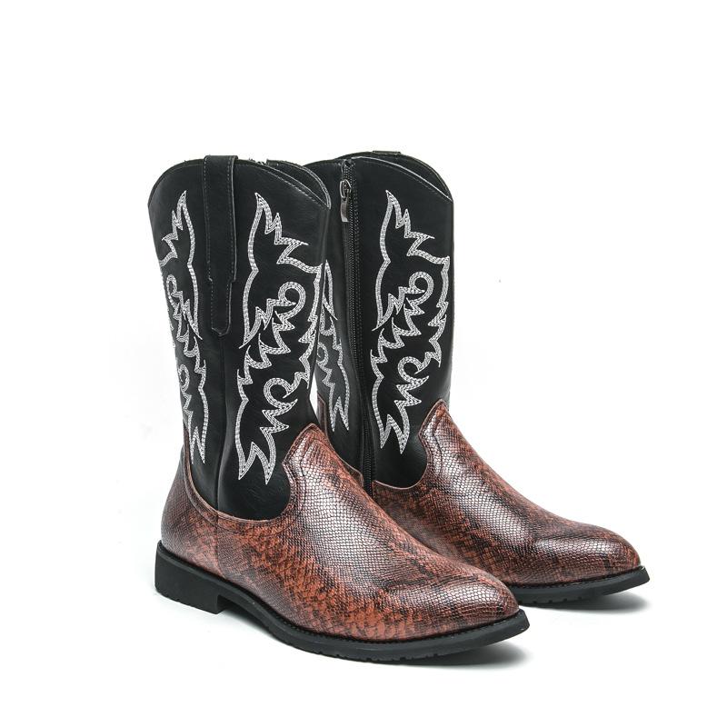 Men's Leather Boots Large Size Autumn and Winter New High-top Leather Shoes Fashion Trend Retro Engraved Locomotive Boots Cowboy Boots