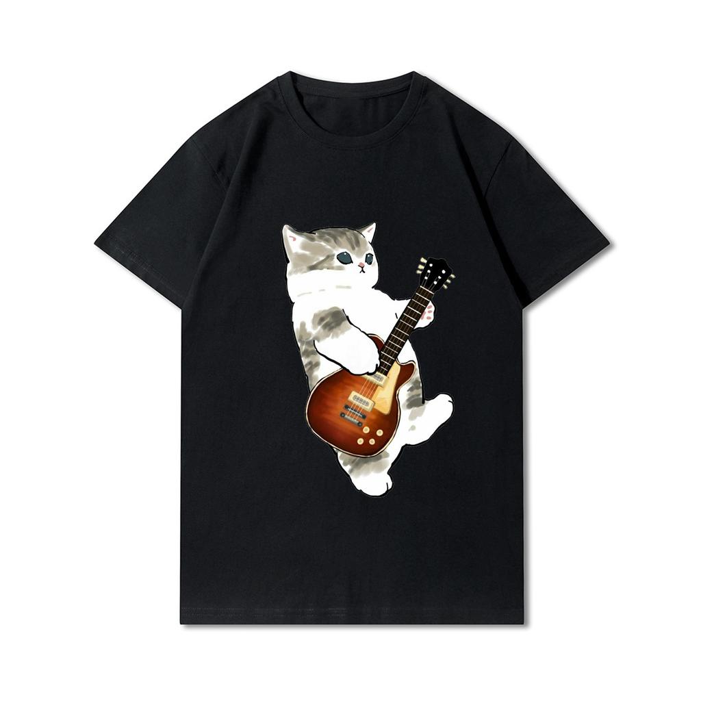Taglie forti Gatti Squalo Stampato Donne T-shirt Girocollo Cotone Tops Estate Animale Y2K Moda 90S Casual Oversize Nero Tees