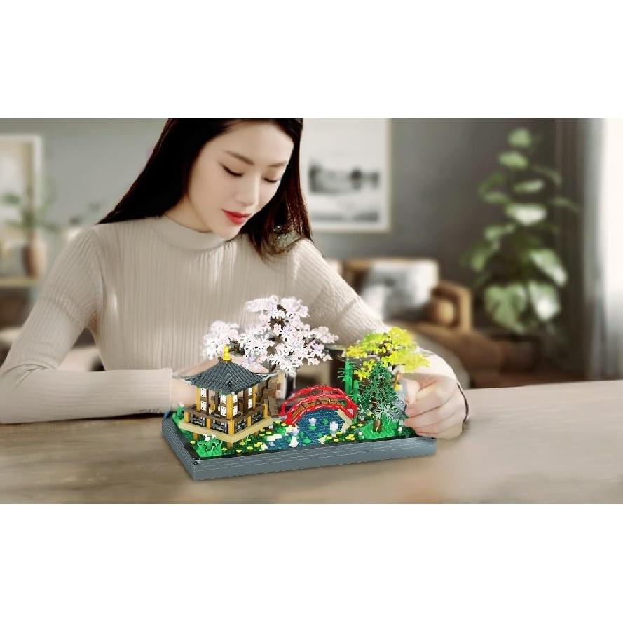 Japanese Zen Gardens and Meditation Cherry Blossom Garden Pavilion Bridge Mini Building Blocks Set Bonsai Trees Building Set for Adults and Kids Toy