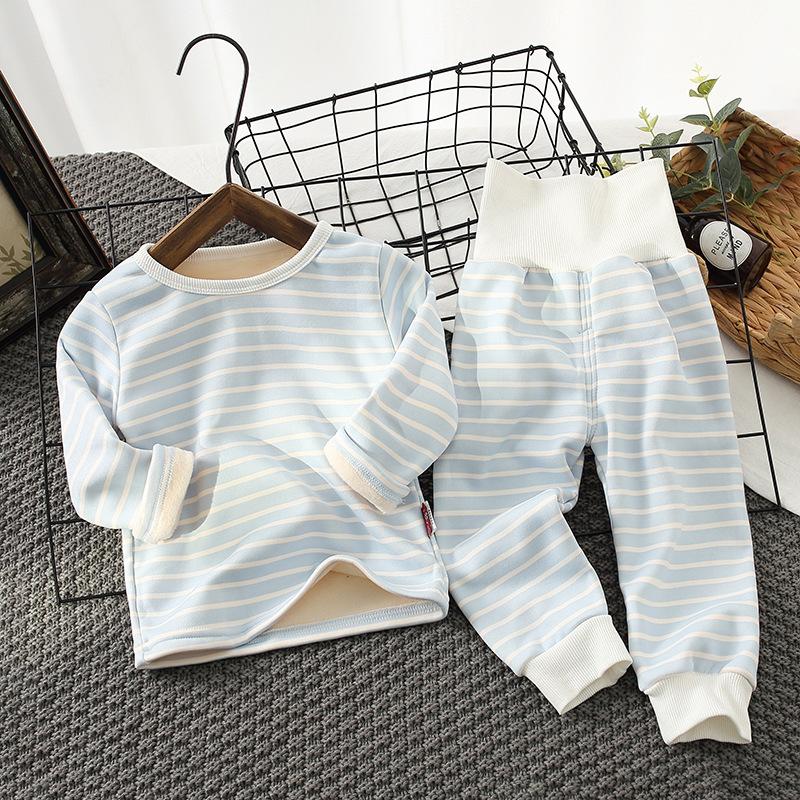 Autumn Winter Kids Pajamas Baby Boys Girls Striped Thicken High Waist Warm Clothing Sets Toddler Pajamas Sleepwear