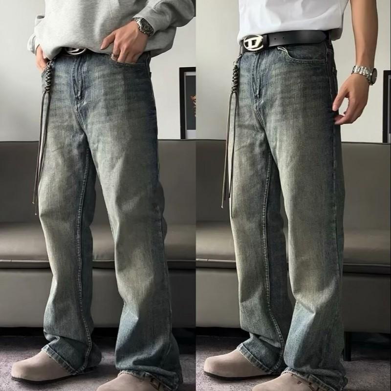 Mens Washed Distressed Denim Jeans With Bamboo Stripe Slightly Flared Loose Fit Retro Streetwear Style