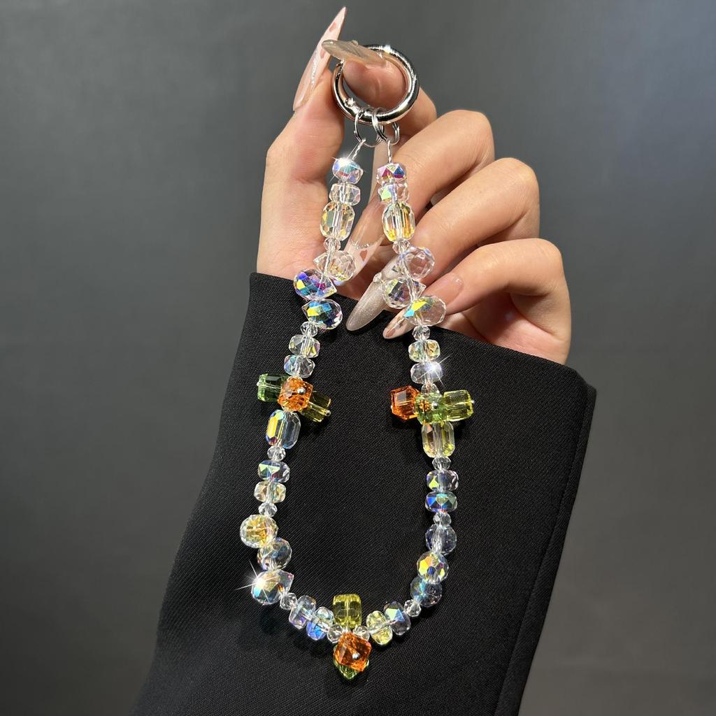 Exquisite Handmade Beaded Chain Phone Lanyard with Water Drop & Square Sugar Wrap Pendants