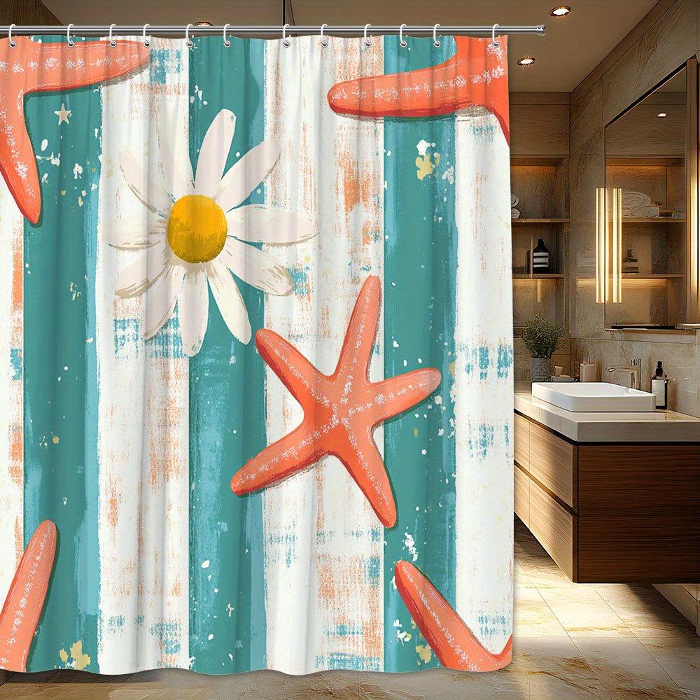 

Nautical Daisy And Starfish Shower Curtain - Oceanic Design, Teal Stripes, Red Starfish, Golden Stars, Machine Washable W60H190(CM)-1 Pcs
