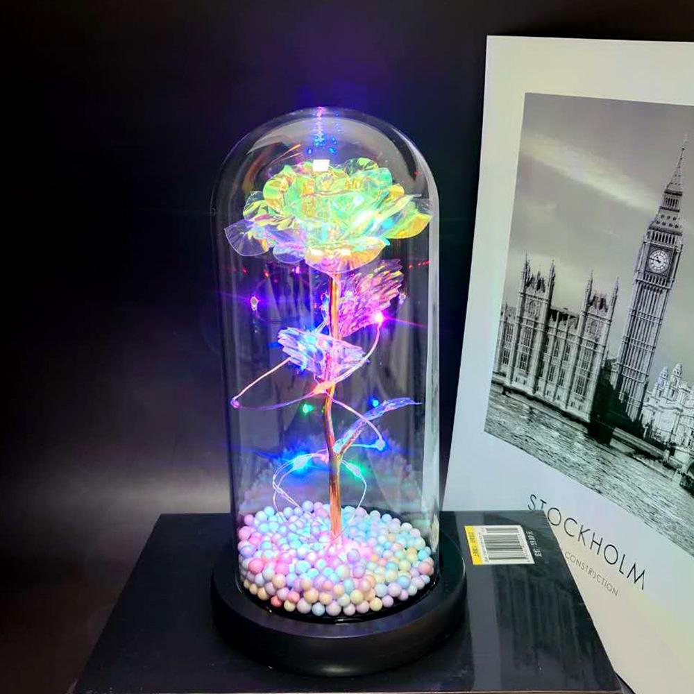 Fabrika Altın Yaprak Gül Çiçek Cam Kapak LED Lamba Simülasyon Çiçek Sevgililer Günü Hediyesi Yaratıcı Hediye Dekorasyon Süsleri