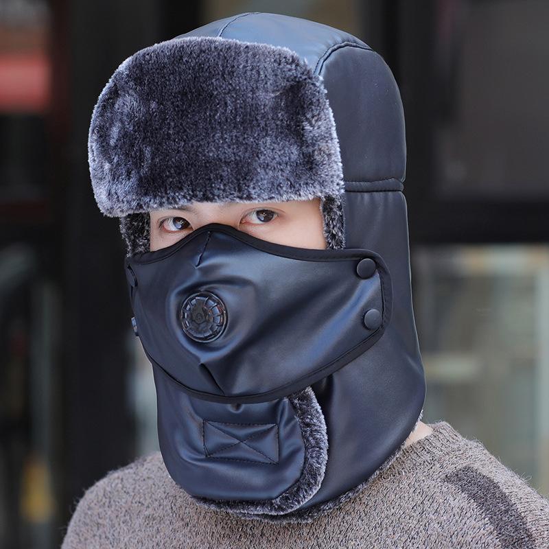 Hat men's winter cold-proof cycling hat outdoor warm breathing valve leather velvet thickened ear hat women