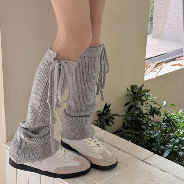 Thickened Leg Warmers with Ties Drawstring for Women Ribbed Knit Vertical Striped Boot Covers Socks for Outdoor Activity