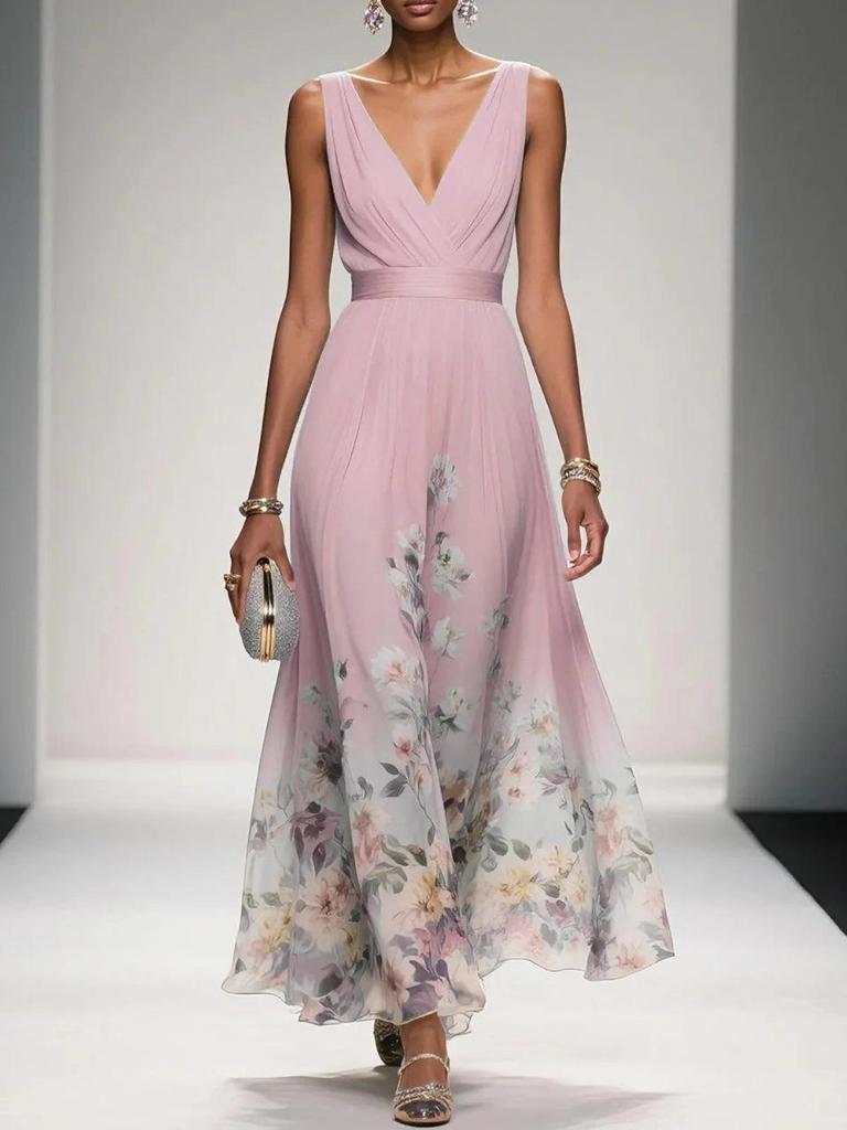 Maxi abito da donna azzurro chiaro senza maniche con scollo a V e stampa floreale