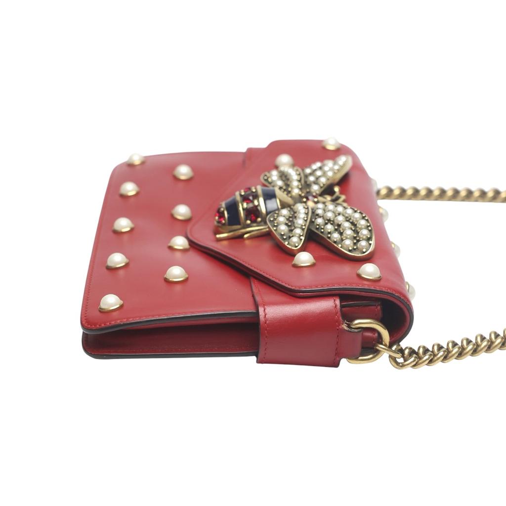 GUCCI 2WAY bag Broadway Pearl Bee Handbag leather Red Women 453778 Used