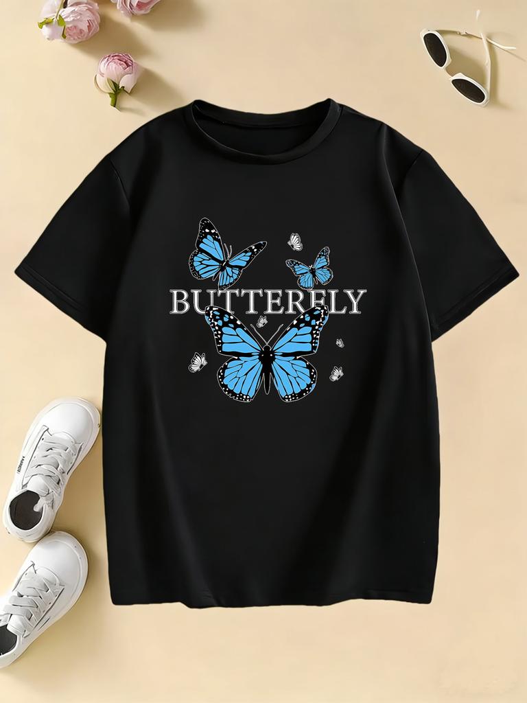 Girls Blue Butterfly Fashion Design T Shirts Kids Childrens Tshirt Boys Girls Summer Spring Casual Top Tee