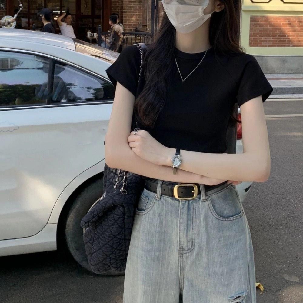 Chic Y2K Crop Top Solid Color Tees Shirts Women Simple Short Sleeve T-shirt Streetwear