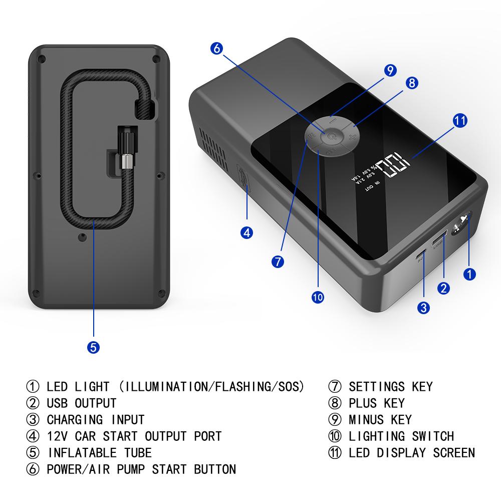 Power Bank with LED Light Jump Starter Tire Accessories 2000A Peaks with Air Compressor Automobile Battery Booster Power Pack