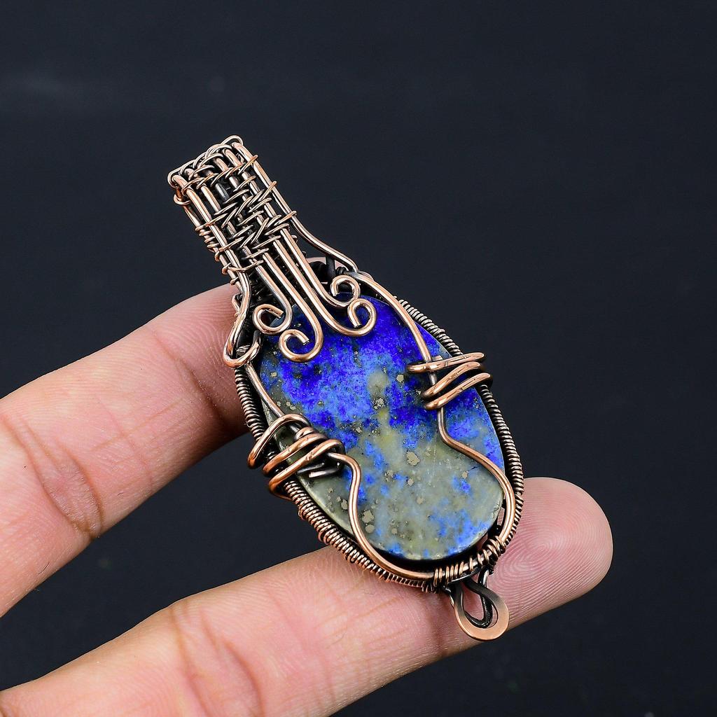 Lapis Lazuli Gemstone Pure Copper Wire Wrapped Handmade Pendant Jewelry For Her