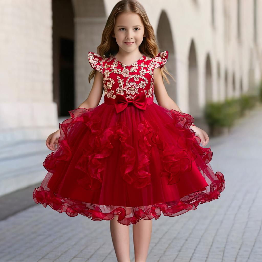 Children's Princess Dresses Gowns Flower Girl Sequins Pom Pom Dresses Walking Show Performance Clothing Girls Lace Dresses  Girl's Favourite Dress