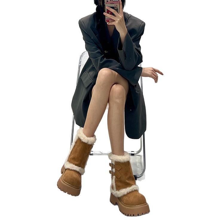 Niche thick heel thick sole heightening snow boots women's 2025 autumn and winter new velvet thickened warm big head Northeast cotton boots
