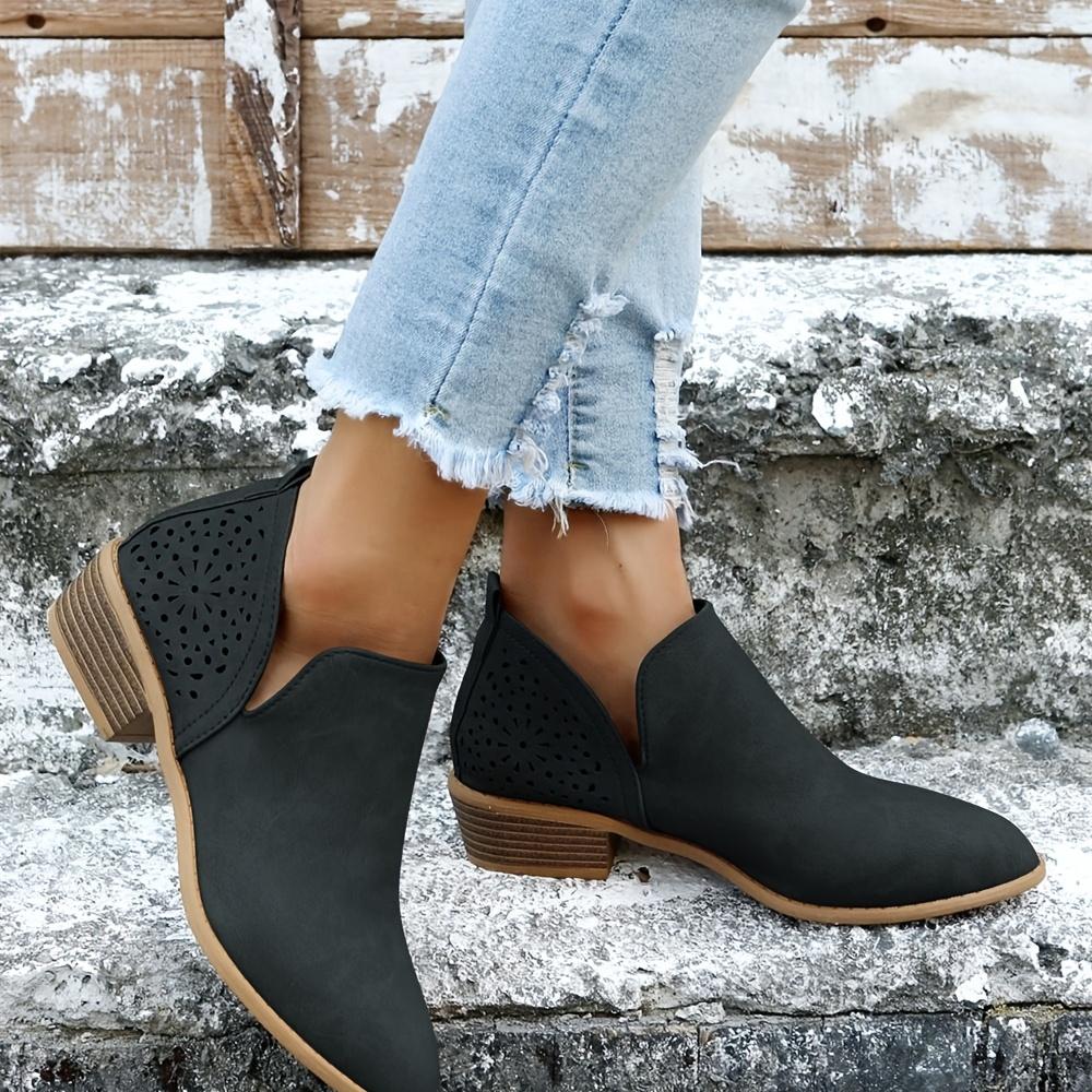 Elegantní kotníkové boty s V-výstřihem - Děrovaný robustní podpatek, Špičatá špička, Pohodlná stélka, Snadný nazouvací design, Stylová dámská obuv pro každodenní nošení