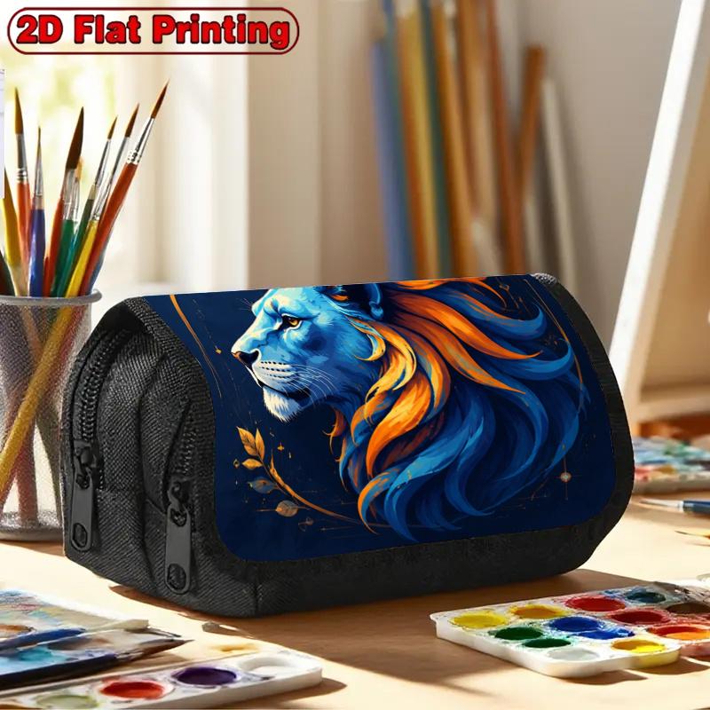 2D Flat Printing 1pc Art Lion Design Double Layer Flip Pencil Case--Large Capacity Zipper Closure, Suitable for Schools, Offices and Travel, Ideal Bir
