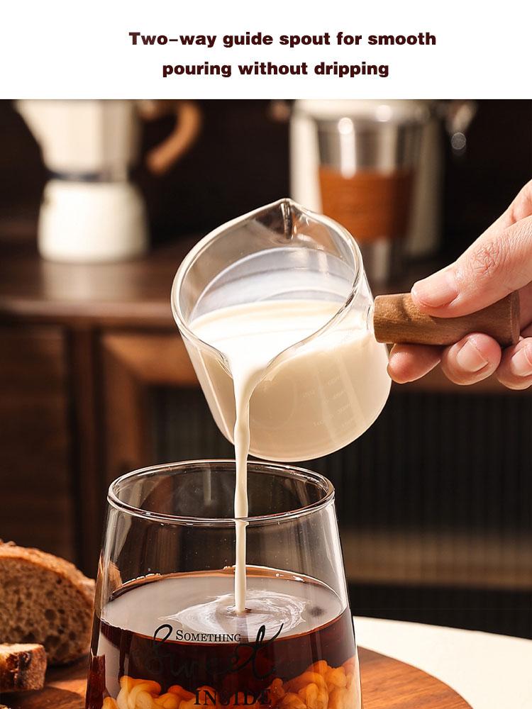 Glass Small Milk Cup Fine Espresso Small Glass Measuring Cup Single Double Spout Coffee Milk Sauce Dispenser With Wooden Handle