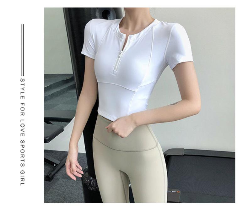 Women's Quick-Dry Half-Zip Fitness Top - Short Sleeve Tight Yoga Tee