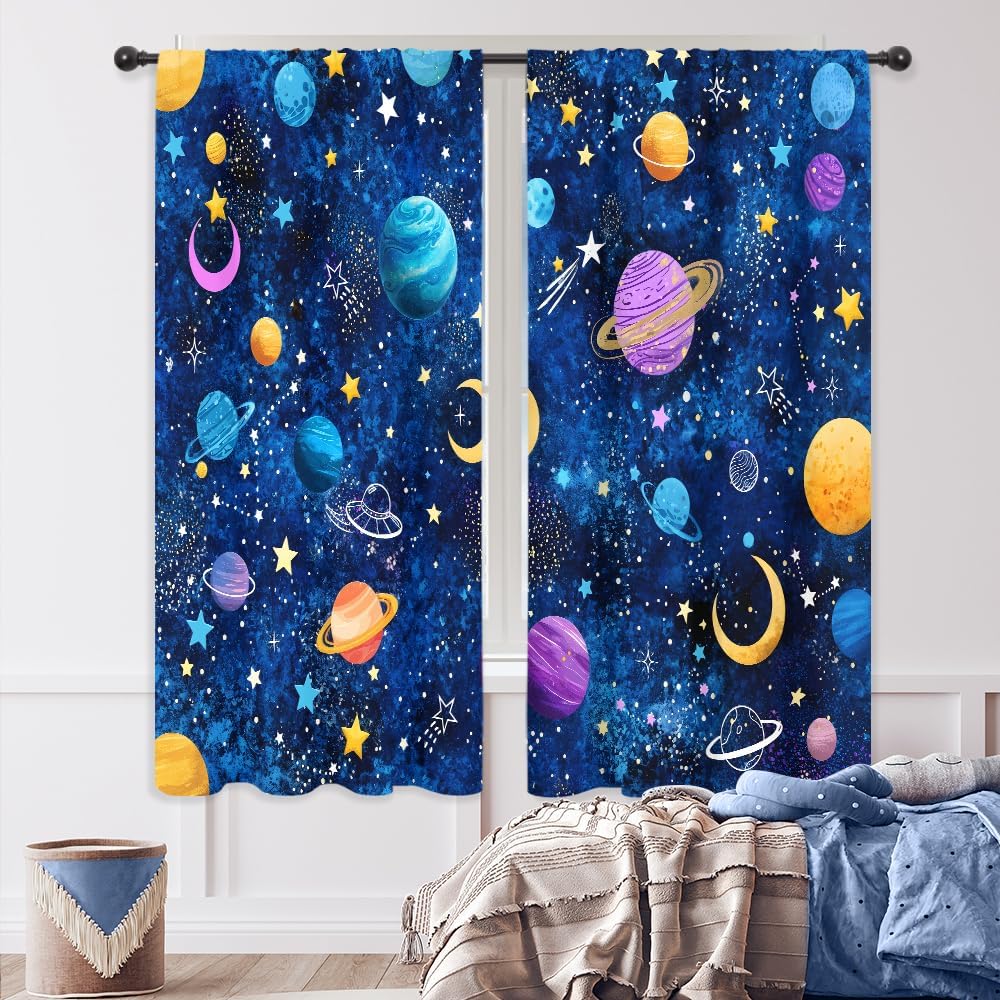 Galaxy Sky Star Curtains Blue Starry Shining Night Outer Space Cosmic Celestial Universe Planets Rod Pocket Boys Fantasy Bedroom