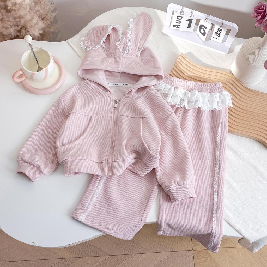 Mori-Style Korean Autumn Rabbit Ear Lace Hooded Sweatshirt & Pants Set for Baby Girls