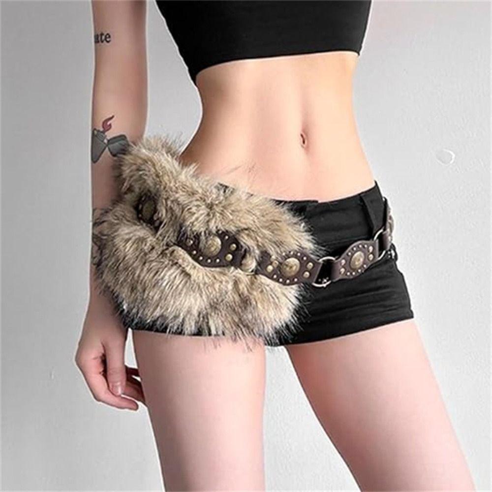 PU Leather Fur Waistband Faux Fur Jeans Waist Belt Unique Punk Studded Belt Y2K Style