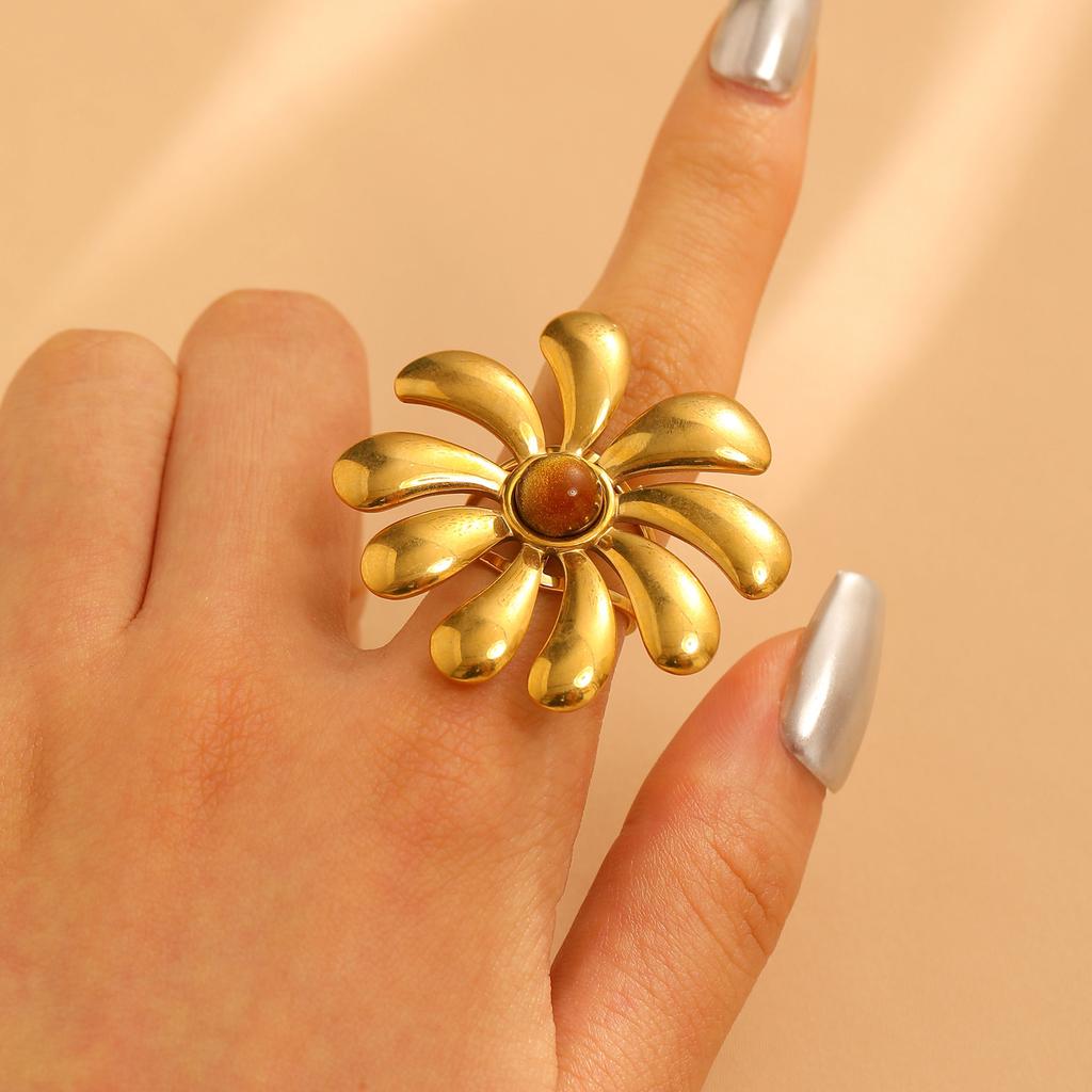 Stainless Steel Classic Flower Leaf Ring Pearl Stacked Ring Large Exaggerated Ring Women Gold Color Fine Jewelry Gifts for Her