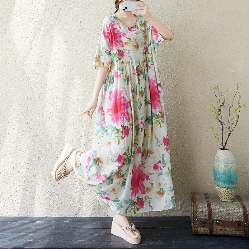 Real shot summer thin cotton and linen round neck short sleeve simple flower bohemian medium and long foreign trade dress women