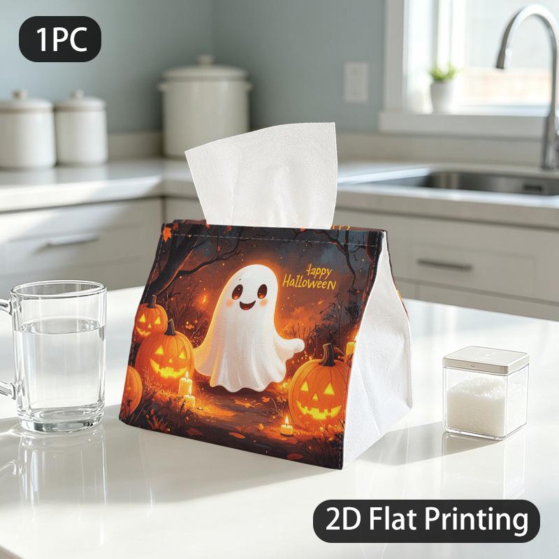 1pc Tissue Box, Cute Cartoon Halloween Ghost Pumpkins Warm Festive Pattern, 2D Flat Printing, Multi-Use, Washable, Tissue Pouch, for Nightstand
