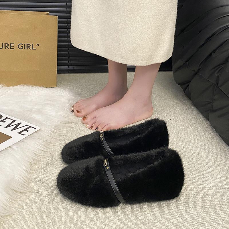 2025 Autumn and Winter New Round Head Shallow Mouth Single Shoes Wear Plush Mary Jane Shoes with Plush To Keep Warm Evening Wind Fluffy Shoes