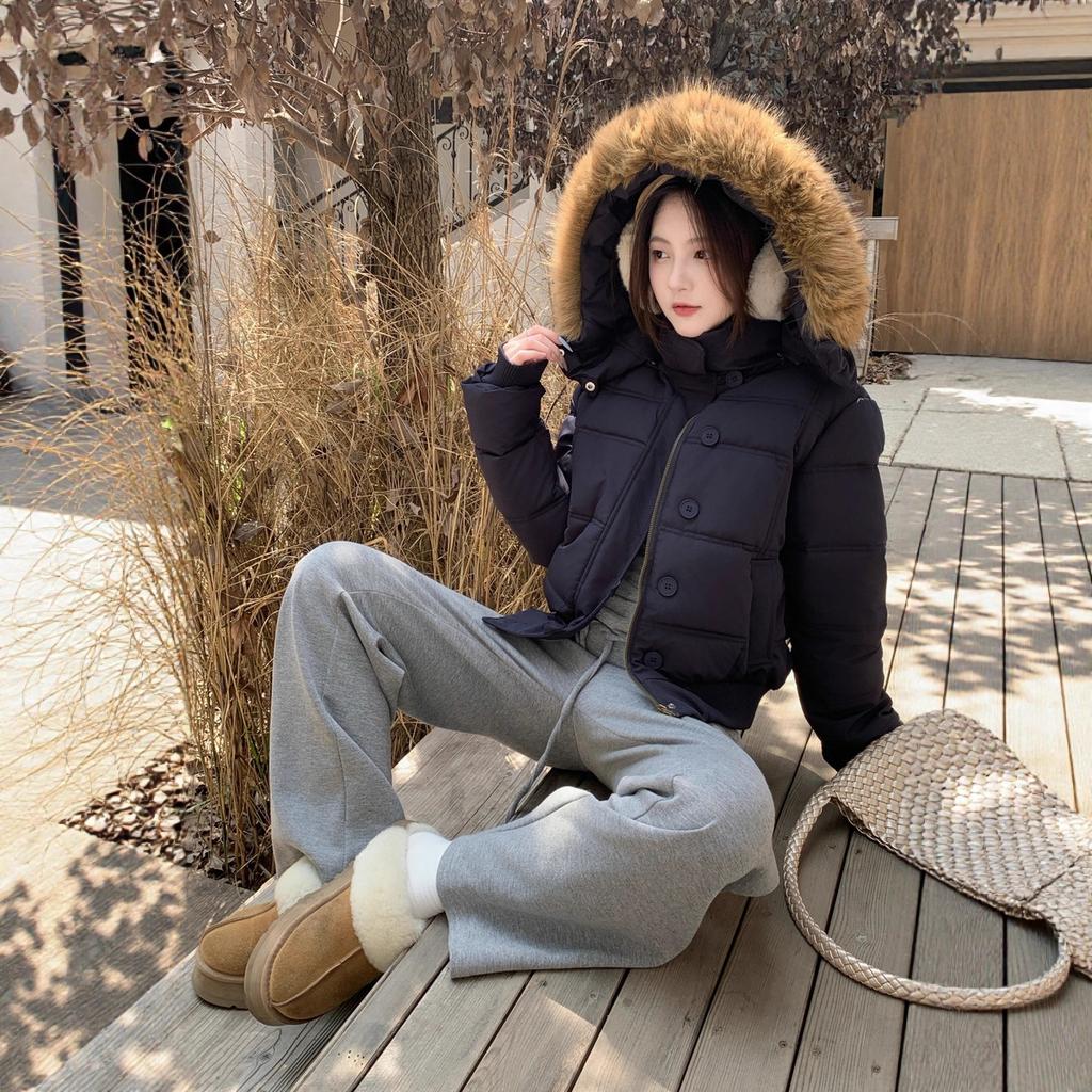 Winter Small Cotton-padded Jacket, Down Jacket, Women's New Korean Style Outfit for Small People, Big Fur Collar, Short Cotton-padded Jacket