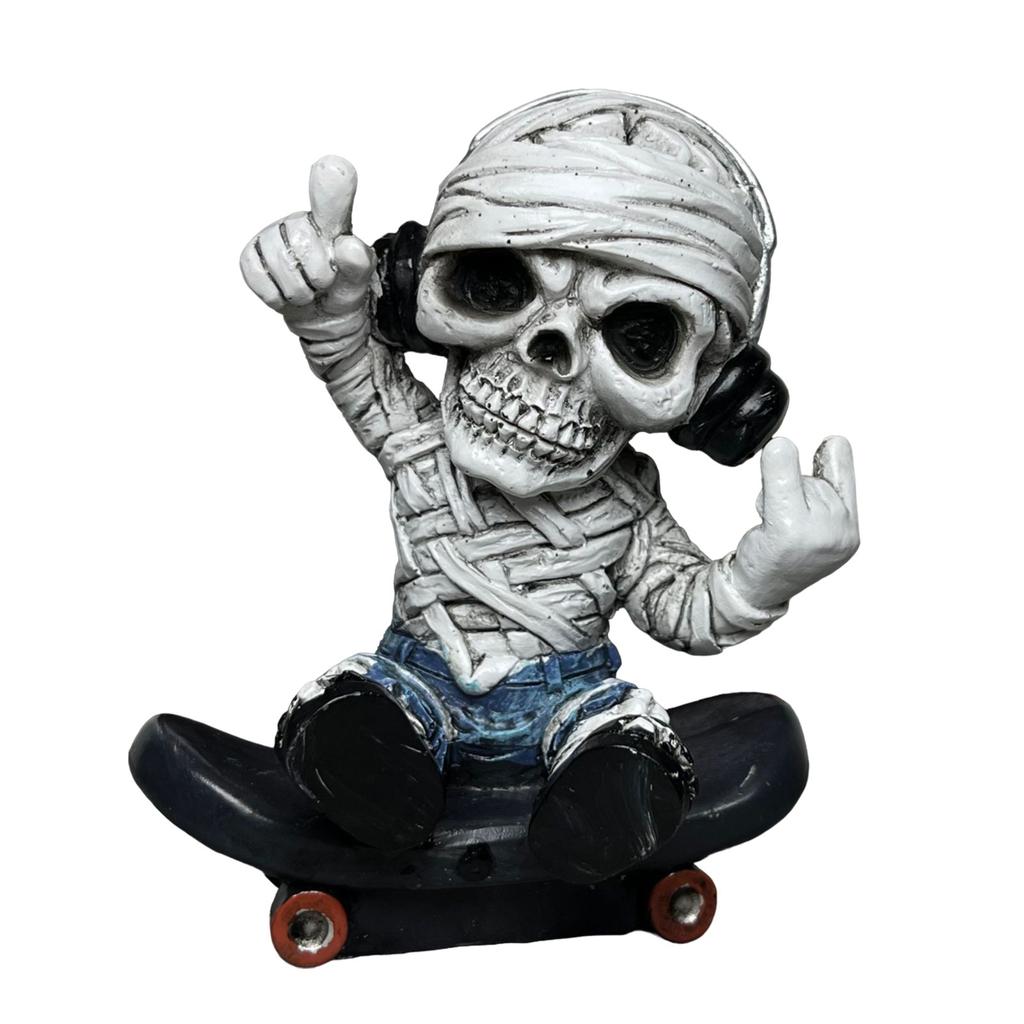 Scary Resins Skeleton Sculpture Funny Skateboarding Skull Figurine Ornament for Halloween Party Desktop Decoration