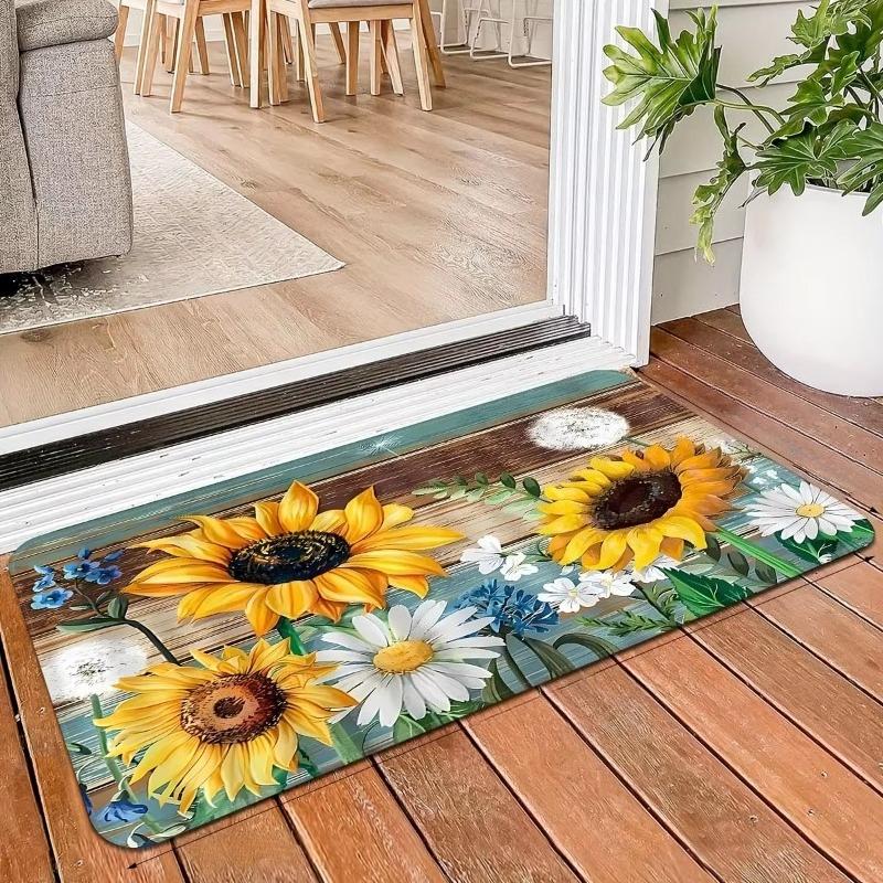 1pc Sunflower Motif Kitchen Mat Chic Flower Pattern Throw Rug Foot Pad Kitchen Hallway Bathroom Sink Laundry Room Decor Gift