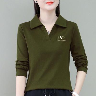 Einfarbiges Revers-T-Shirt Damen Unterwäsche Frühling Herbst Neues Jahr Polokragen Mutter Langarm Basic-Shirt Top