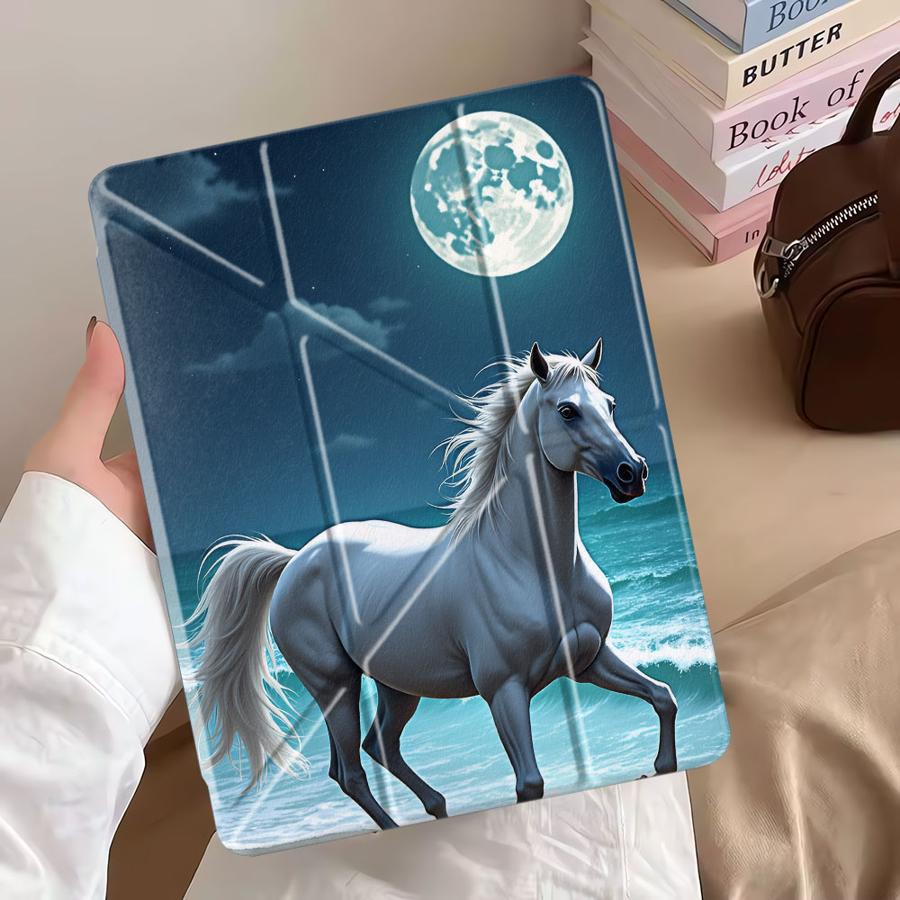 Holder Cover Tablet Case For iPad Air 4 5 M3 M2 1 2 M4 11inch Pro 11th 10th 9th 8th 7th 12.9inch Pro 2025 Mini 6 7 White Horse