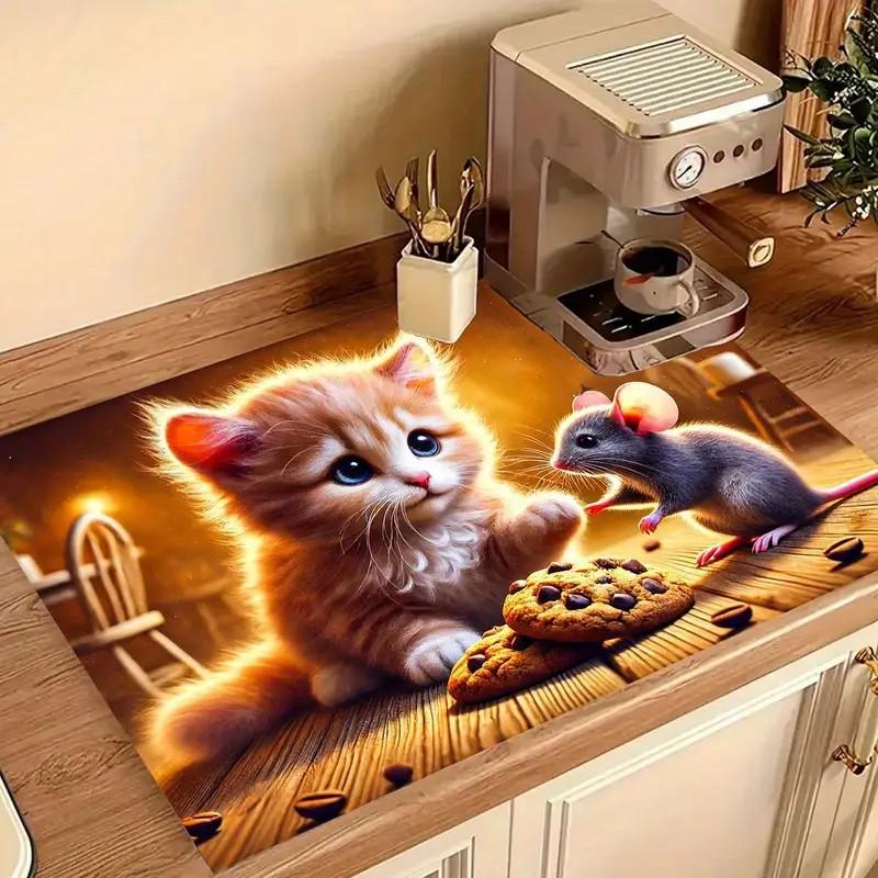 Kitten Cute Cat Kitchen Tableware Drying Mat Coffee Machine Drain Pad Countertop Absorbent Draining Mat Dinnerware Table Decor