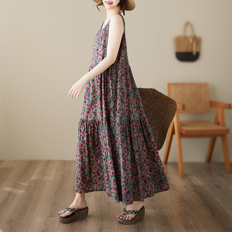 Dimanaf Abito Taglie Forti Estivo Donna Vintage Lino Stile Elegante Senza Maniche Floreale Ampio Nuovo Abito Lungo 8028