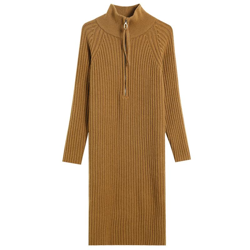 Mid-length Half-zipper Loose Casual Long-sleeve Stand Collar Knitted Dress Sweater