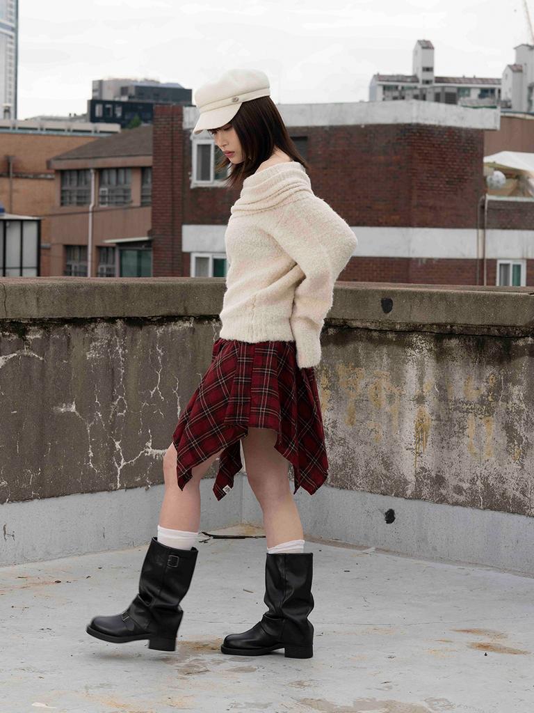 The Green Lab Check Asymmetrical Skirt [Red]