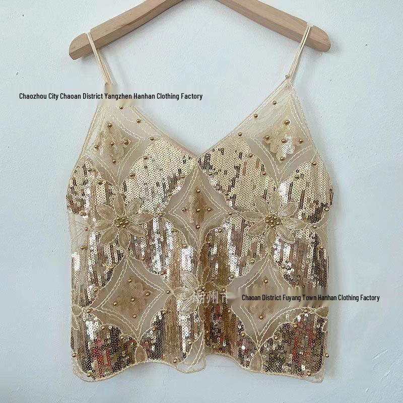 Niche Summer Women's Sequin Beaded Slimming V-Neck Camisole Vest - Elegant and Sexy Style