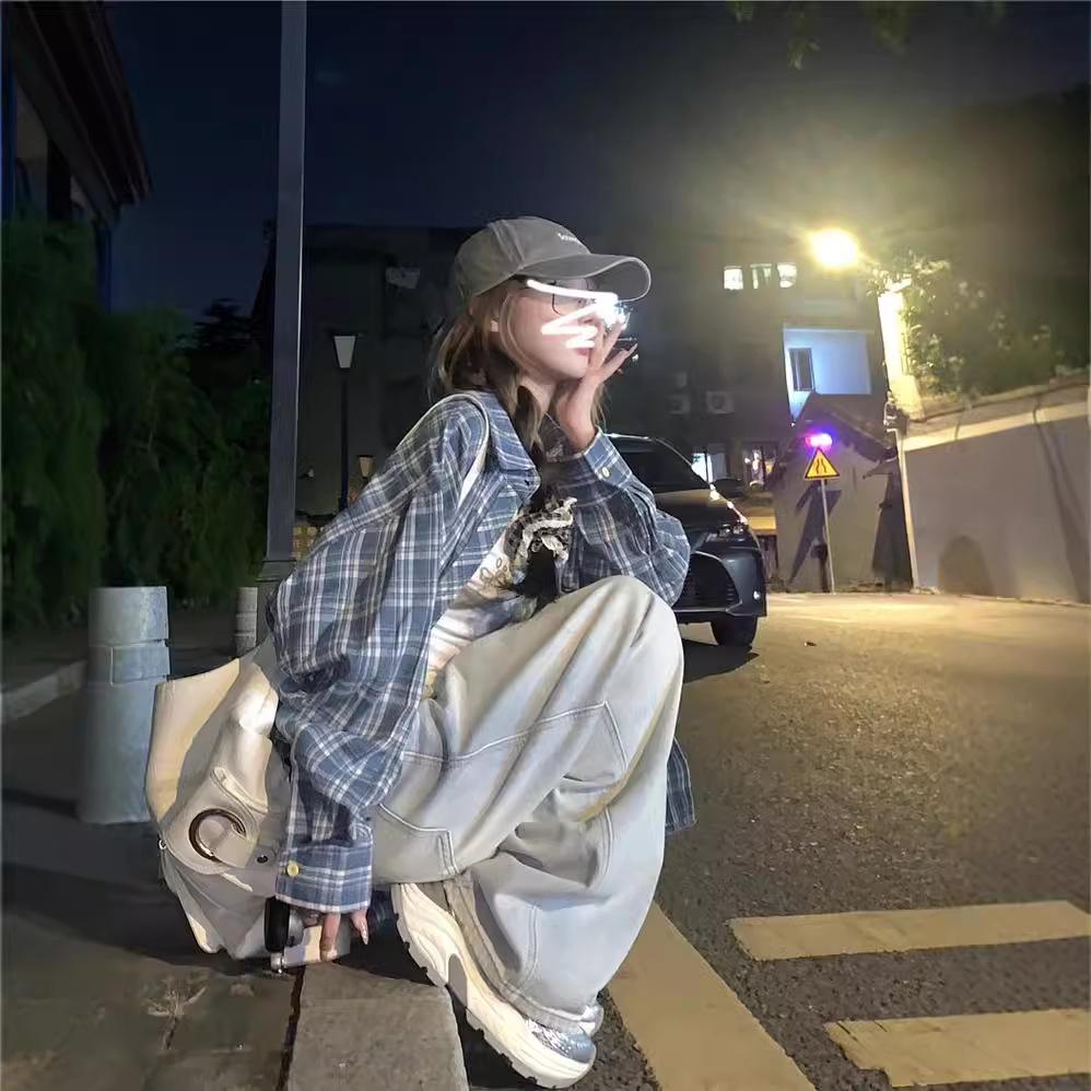 Women's Autumn American Retro Plaid Blue Shirt - Versatile Casual Sunscreen Jacket