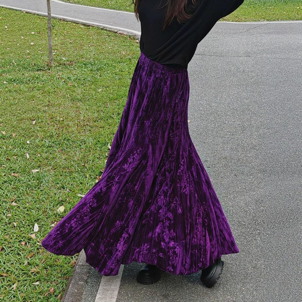 2025 Autumn/Winter Chinese-Style Printed A-Line Midi Swing Skirt for Women - Thick, Stylish, and Elegant