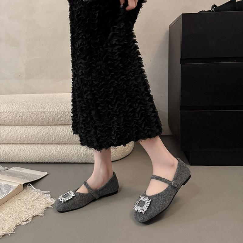 French Rhinestone Square Buckle Single Shoes for Women 2026 Autumn and Winter New Cotton Shoes Wedge