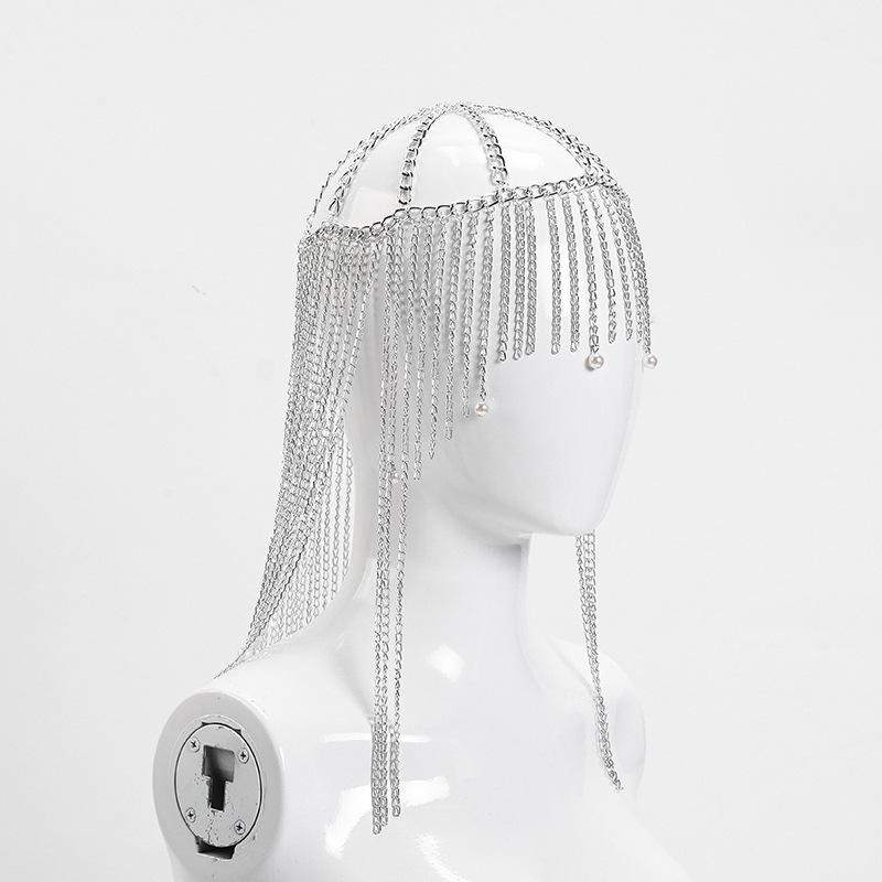 Exaggerated Long Tassel Aluminum Chain Headpiece with Pearl Pendant for Women