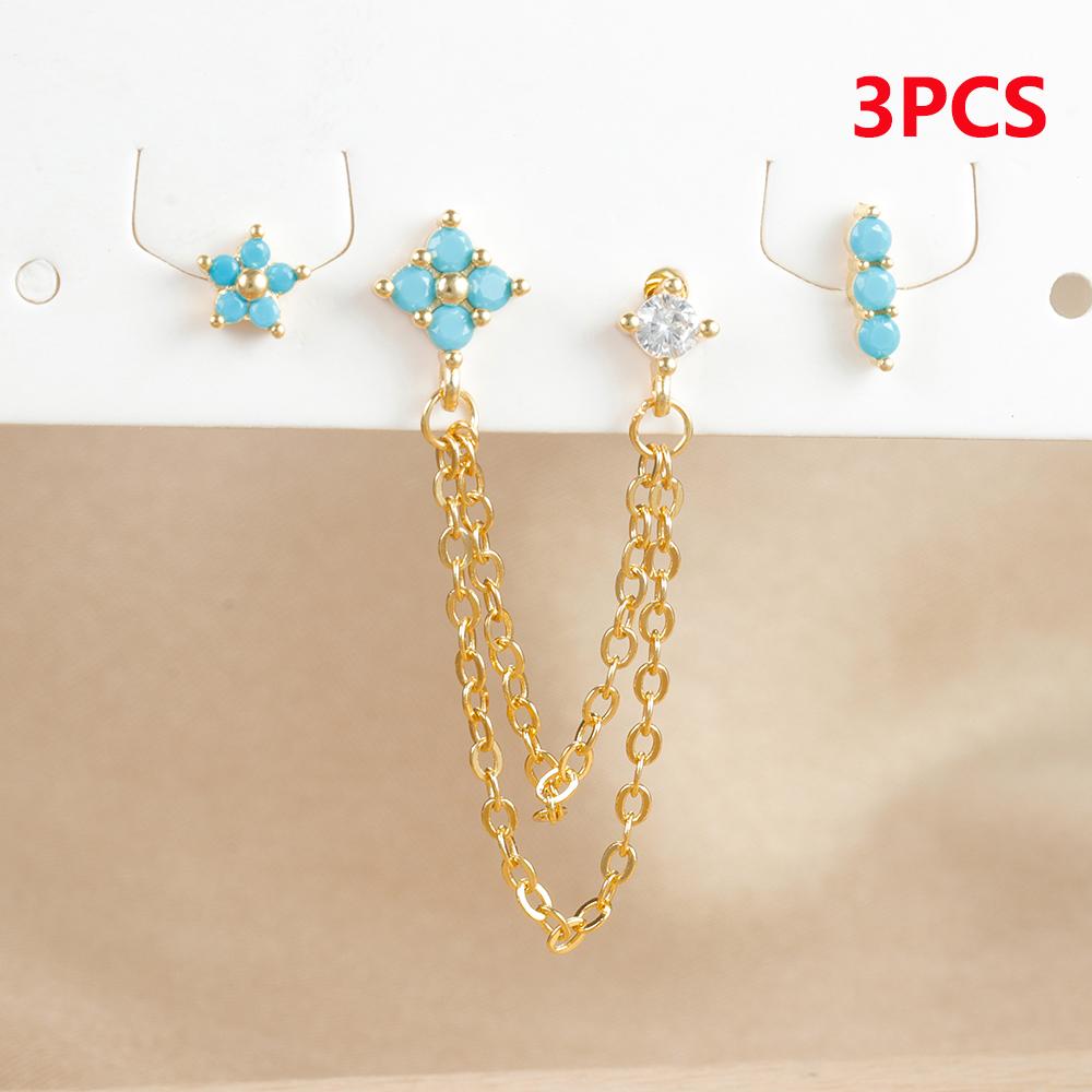 3PCS Vintage Zircon Flower Stud Earring Set For Women Stainless Steel Double Studs Chain Tassel Piercing Earring Fashion Jewelry