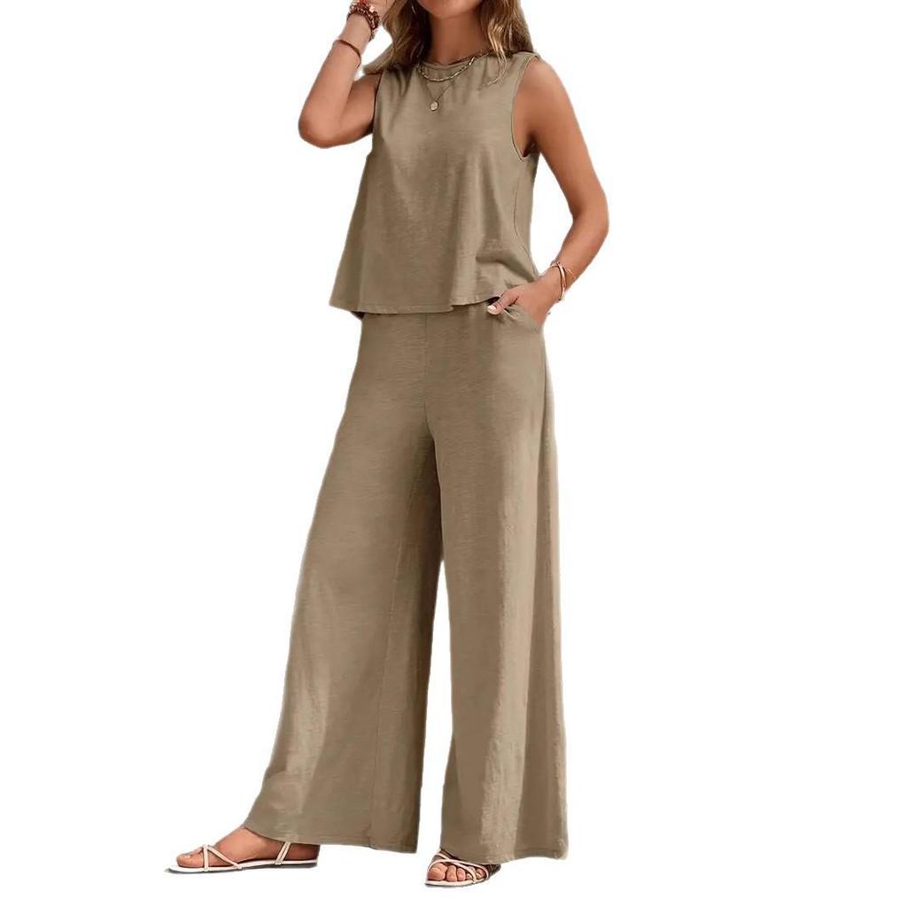 Elegant 2025 Solid Color Crew Neck Tank Top & Wide-Leg Pants Set for Women