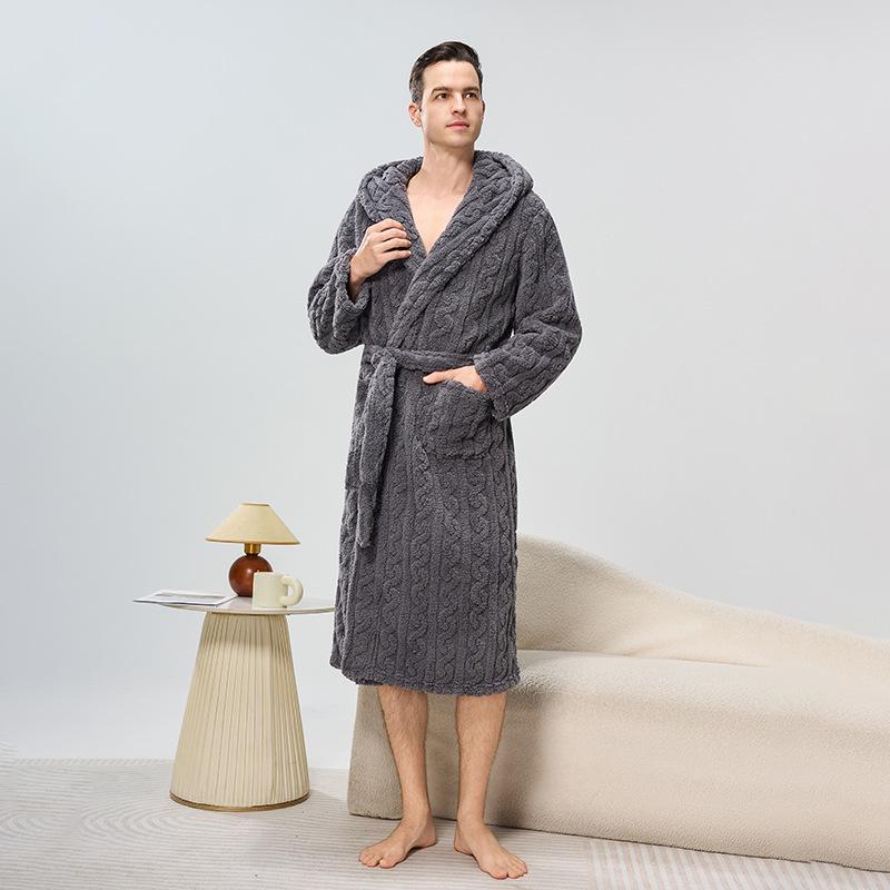 Bademäntel mit Kapuze aus Jacquard-Fleece für Damen und Herren – Warme, dicke lange Roben für Herbst und Winter